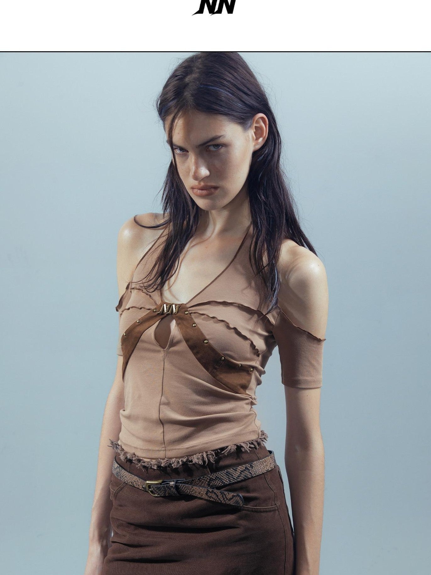 NORTH NODE Apricot Patchwork Studded Ruffle Halter Women&