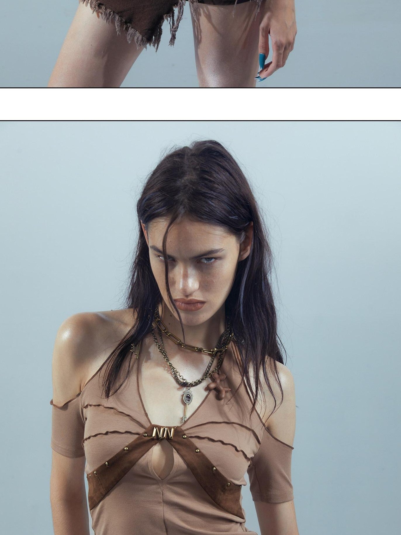 NORTH NODE Apricot Patchwork Studded Ruffle Halter Women&