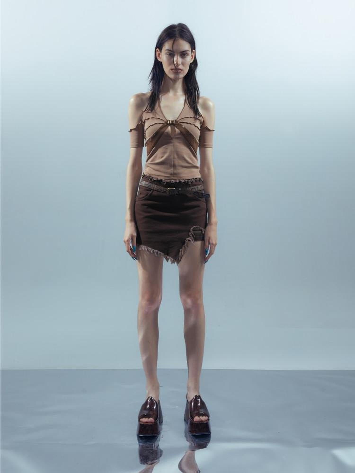 NORTH NODE Apricot Patchwork Studded Ruffle Halter Women&