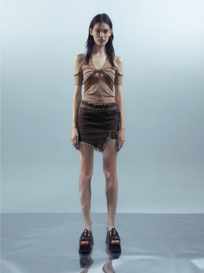 NORTH NODE Apricot Patchwork Studded Ruffle Halter Women&
