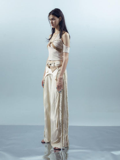 NORTH NODE Apricot Patchwork Studded Ruffle Halter Women&