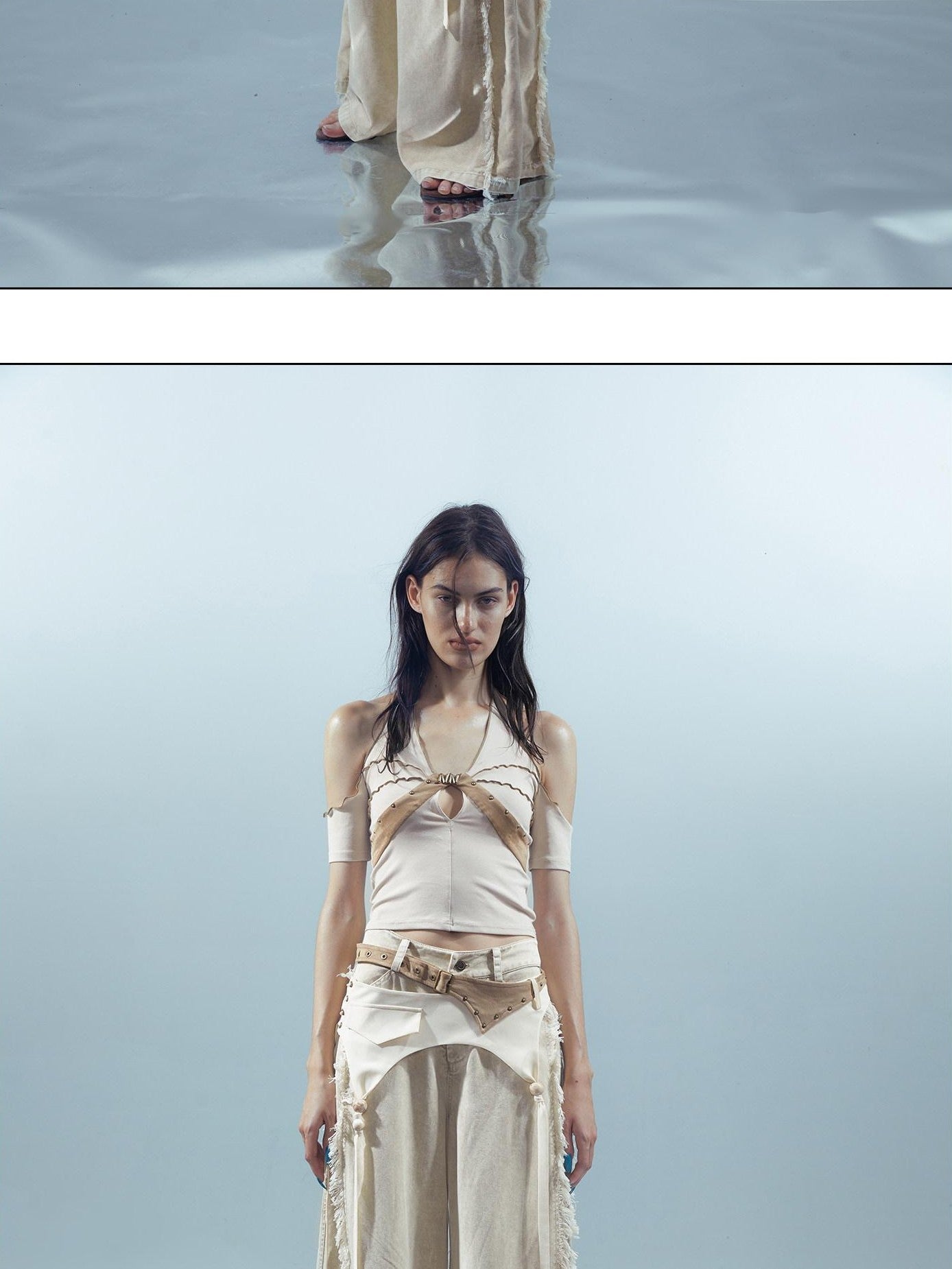NORTH NODE Apricot Patchwork Studded Ruffle Halter Women&