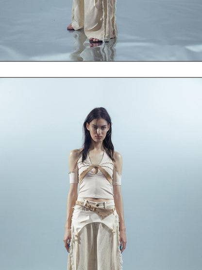 NORTH NODE Apricot Patchwork Studded Ruffle Halter Women&