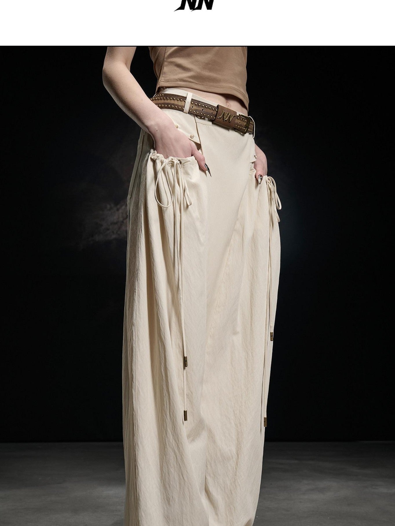 NORTH NODE Apricot Pleated Drawstring Pockets Drapey Women&