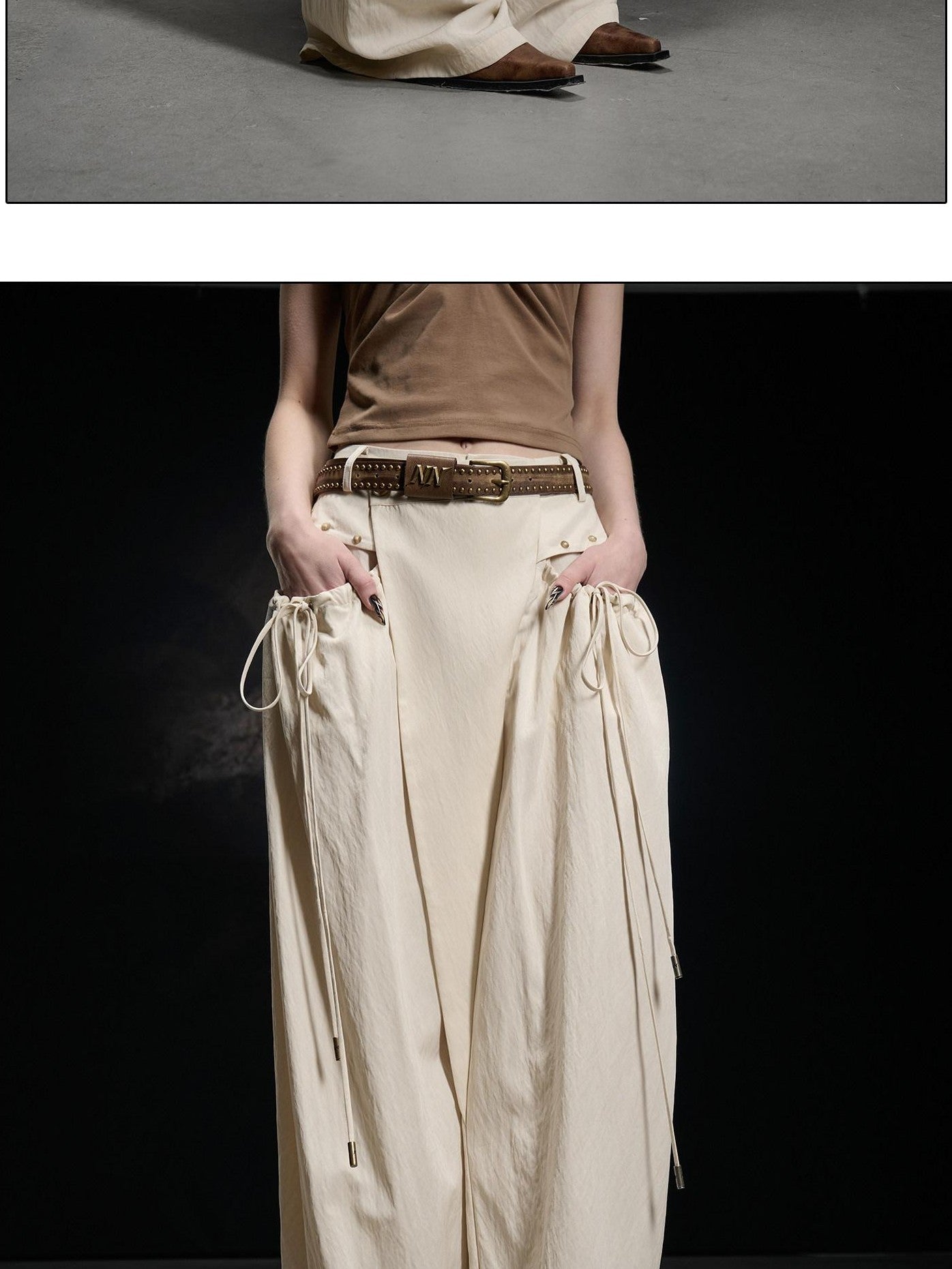 NORTH NODE Apricot Pleated Drawstring Pockets Drapey Women&