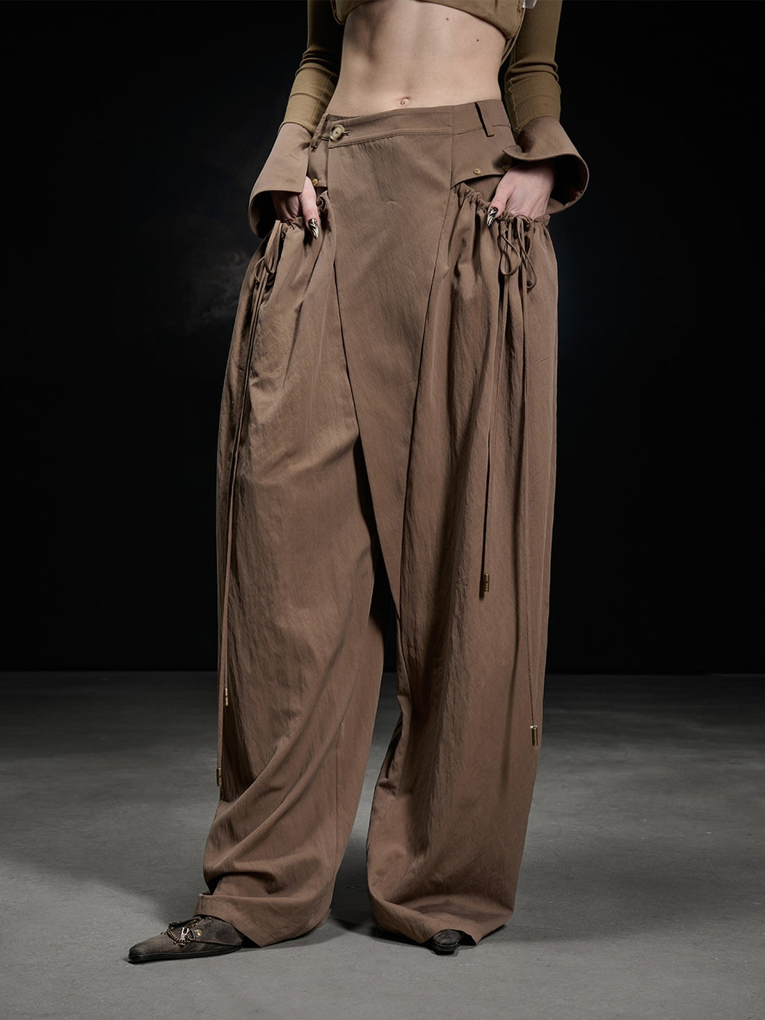 NORTH NODE Apricot Pleated Drawstring Pockets Drapey Women&
