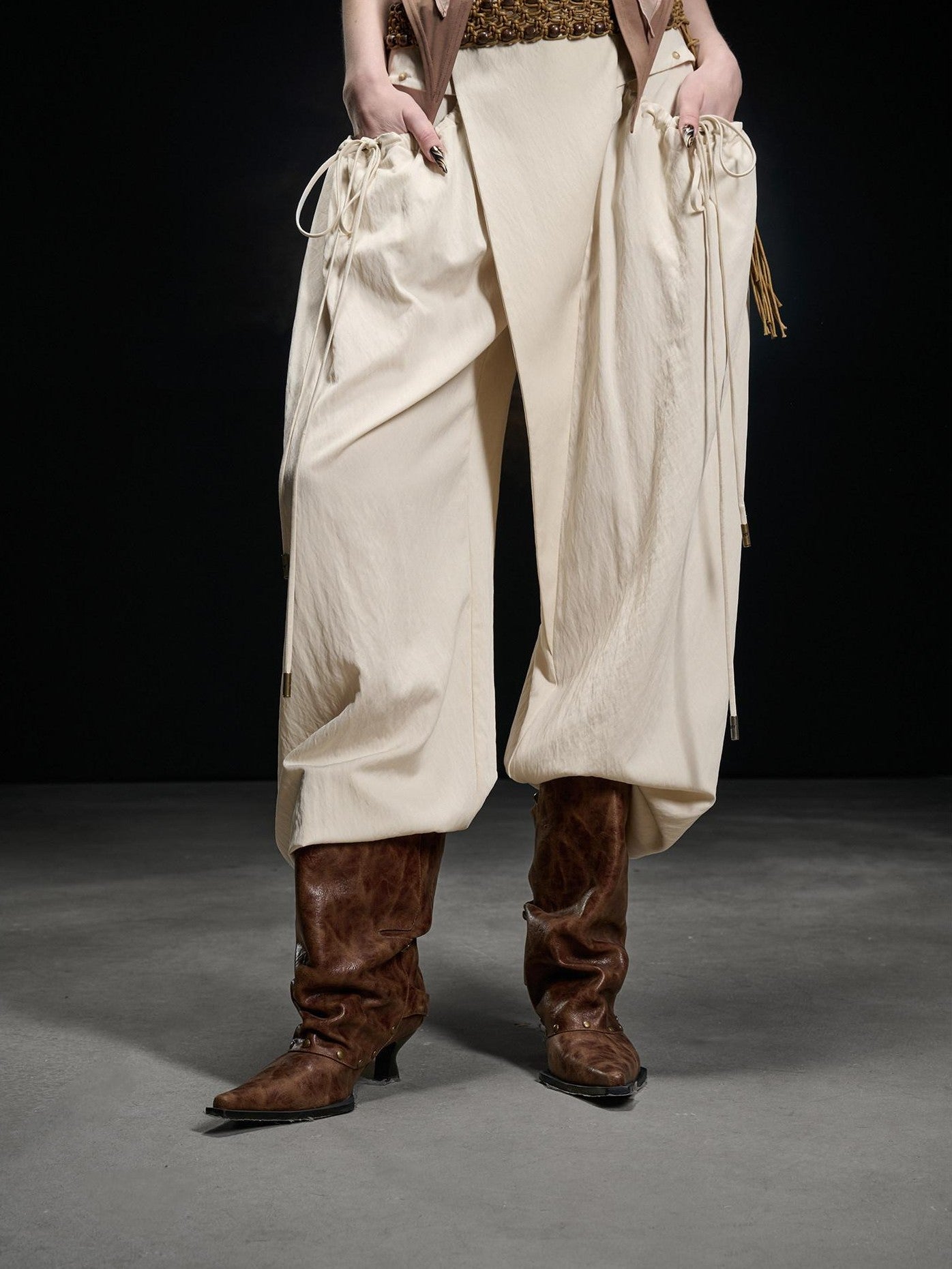 NORTH NODE Apricot Pleated Drawstring Pockets Drapey Women&