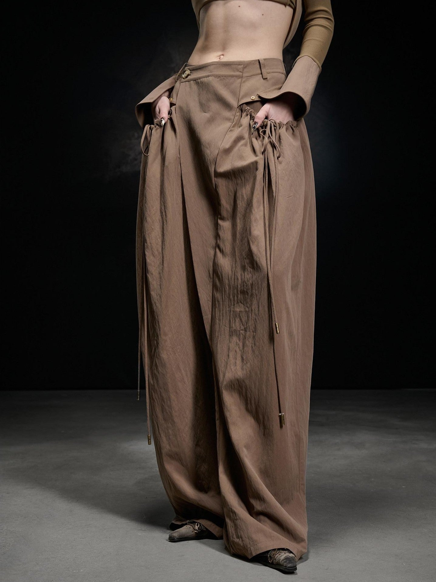 NORTH NODE Apricot Pleated Drawstring Pockets Drapey Women&