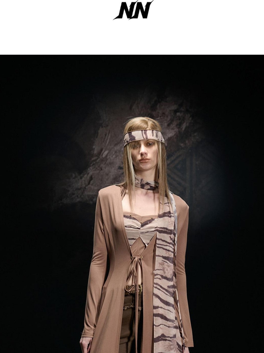 NORTH NODE Apricot Printed Spliced Tie V-neck Detachable Scarf Women&