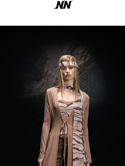 NORTH NODE Apricot Printed Spliced Tie V-neck Detachable Scarf Women&