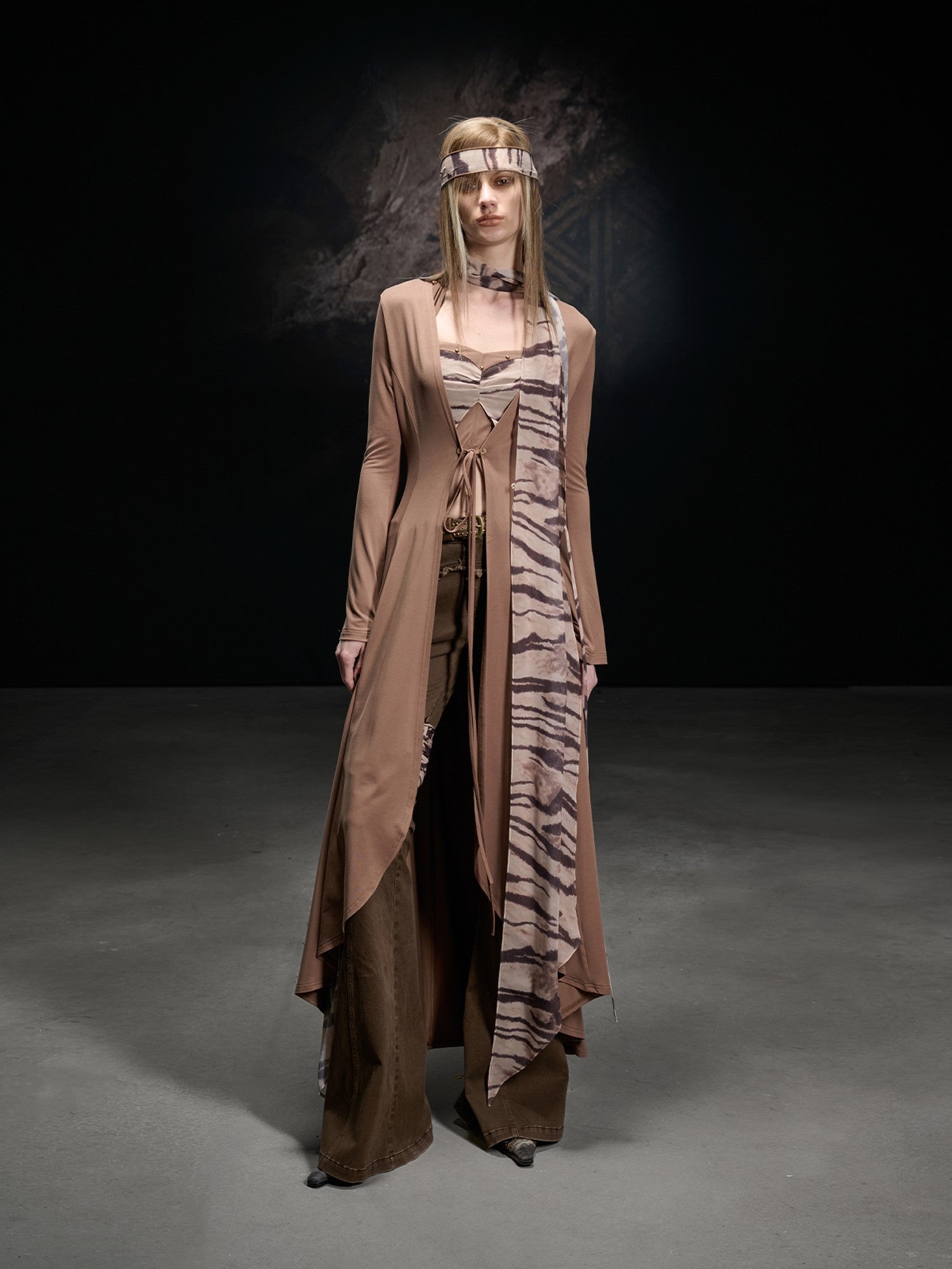 NORTH NODE Apricot Printed Spliced Tie V-neck Detachable Scarf Women&