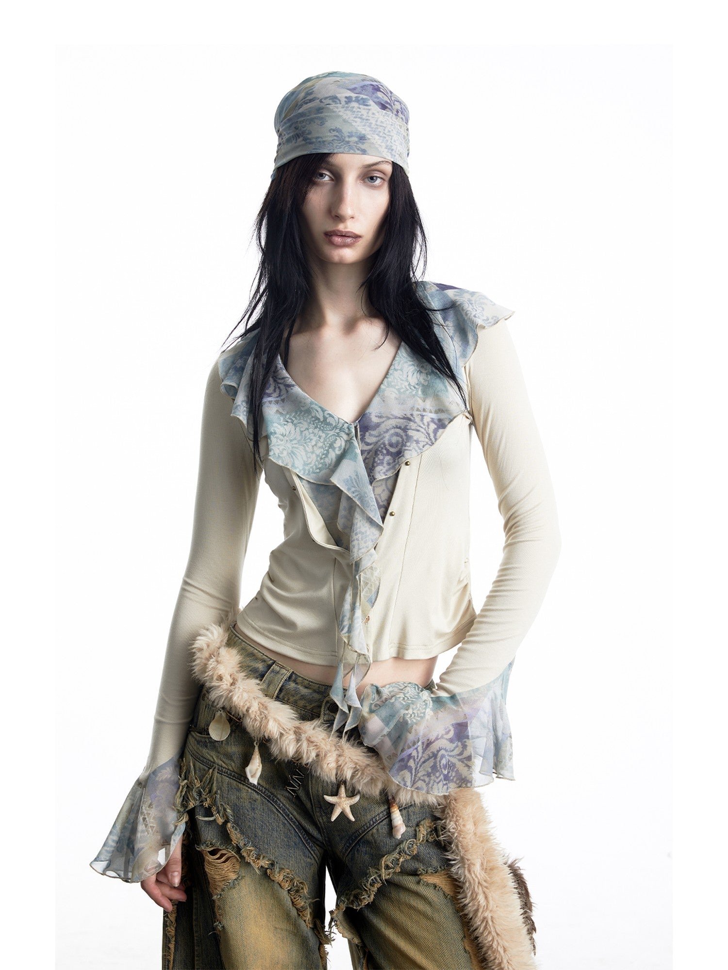 NORTH NODE Apricot Ruffle Patchwork V-neck Pullover Knitted Women&