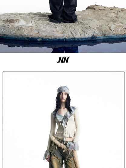 NORTH NODE Apricot Ruffle Patchwork V-neck Pullover Knitted Women&