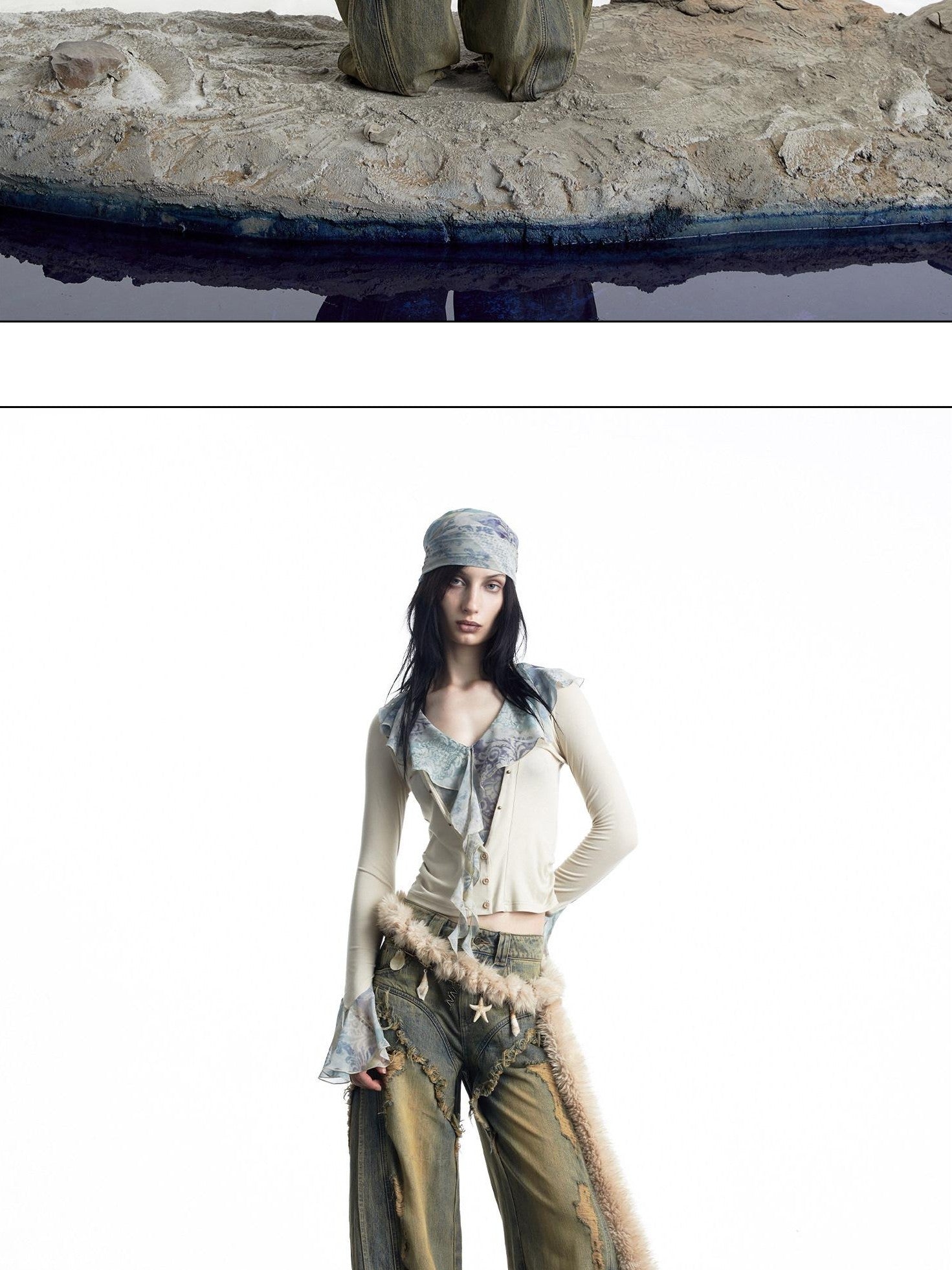 NORTH NODE Apricot Ruffle Patchwork V-neck Pullover Knitted Women&
