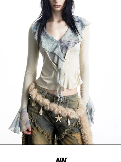 NORTH NODE Apricot Ruffle Patchwork V-neck Pullover Knitted Women&