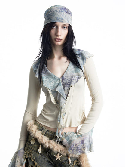 NORTH NODE Apricot Ruffle Patchwork V-neck Pullover Knitted Women&
