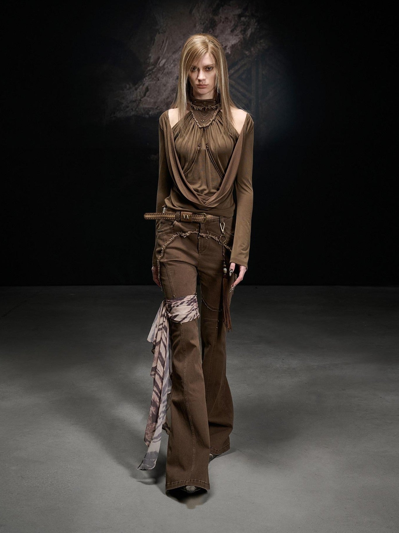 NORTH NODE Apricot Washed Spliced Ruched Scoop Neck Women&