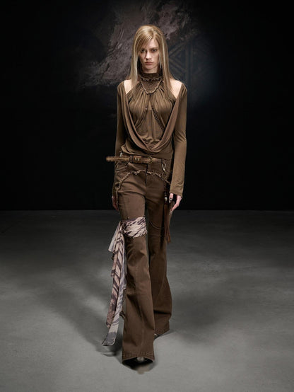 NORTH NODE Apricot Washed Spliced Ruched Scoop Neck Women&