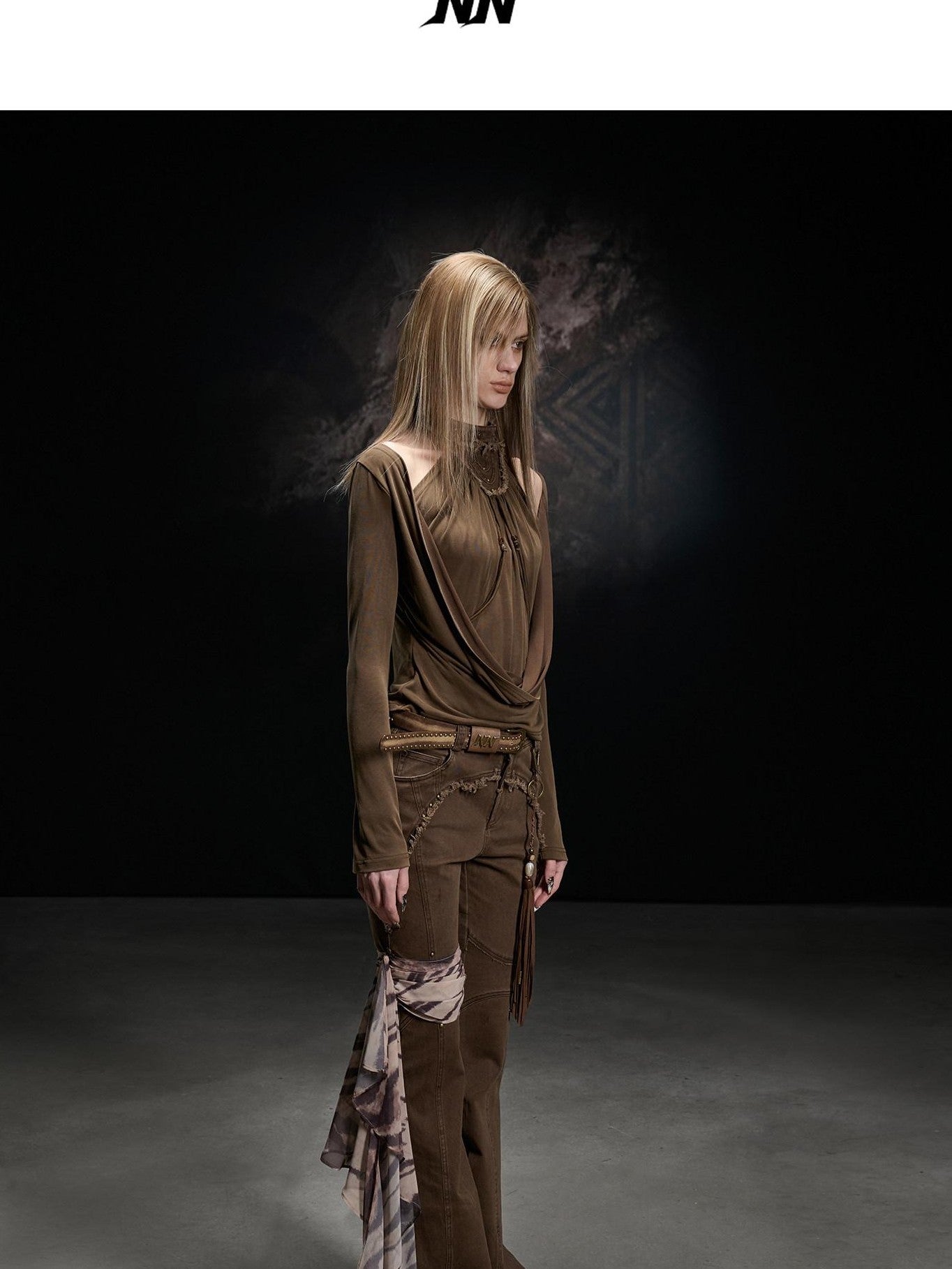 NORTH NODE Apricot Washed Spliced Ruched Scoop Neck Women&