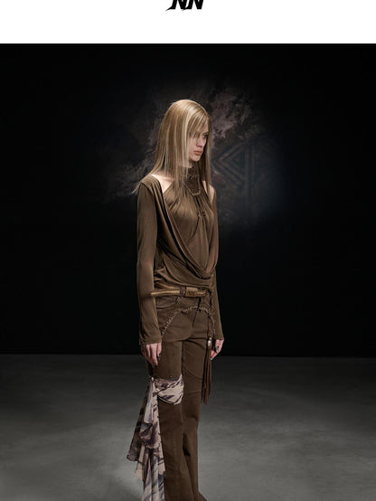 NORTH NODE Apricot Washed Spliced Ruched Scoop Neck Women&