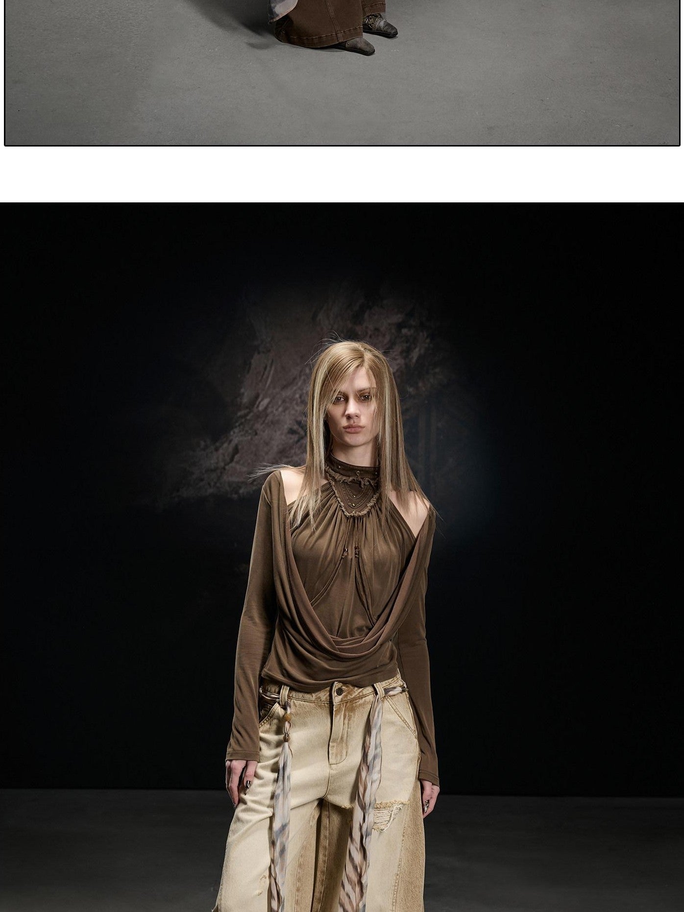 NORTH NODE Apricot Washed Spliced Ruched Scoop Neck Women&