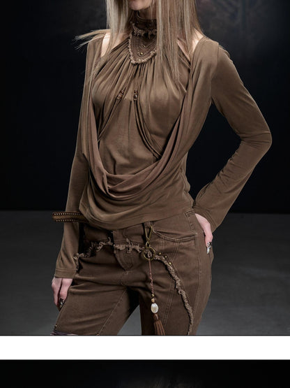 NORTH NODE Apricot Washed Spliced Ruched Scoop Neck Women&