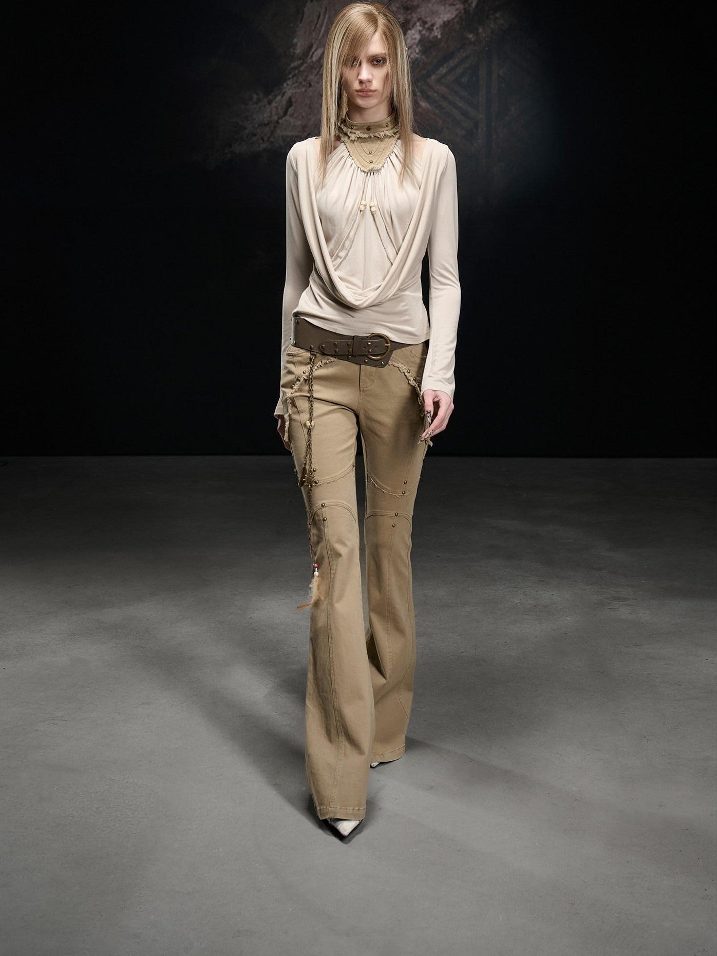 NORTH NODE Apricot Washed Spliced Ruched Scoop Neck Women&
