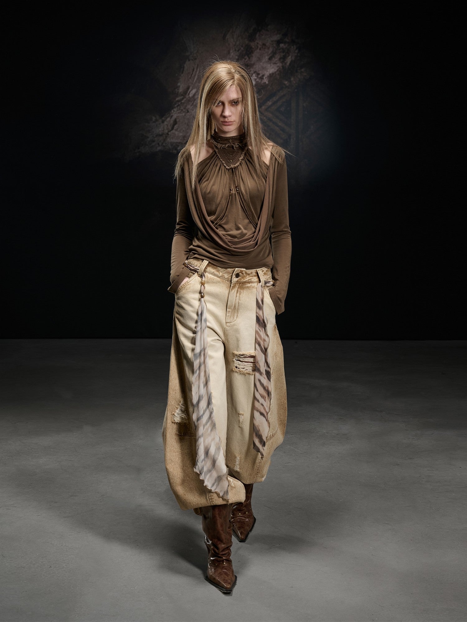 NORTH NODE Apricot Washed Spliced Ruched Scoop Neck Women&
