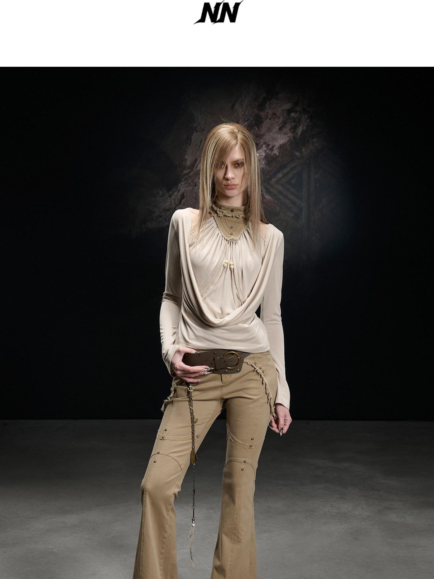 NORTH NODE Apricot Washed Spliced Ruched Scoop Neck Women&