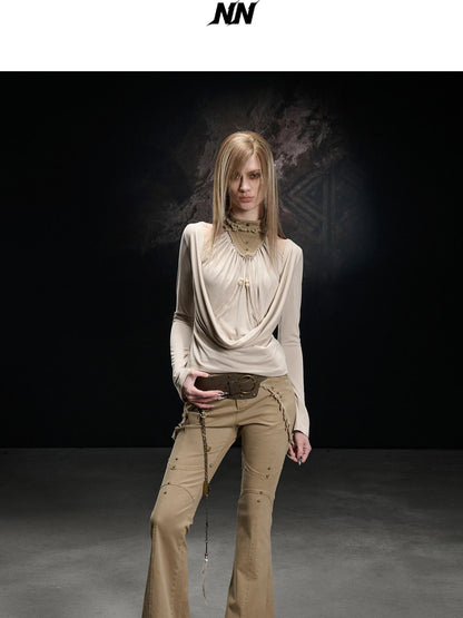 NORTH NODE Apricot Washed Spliced Ruched Scoop Neck Women&