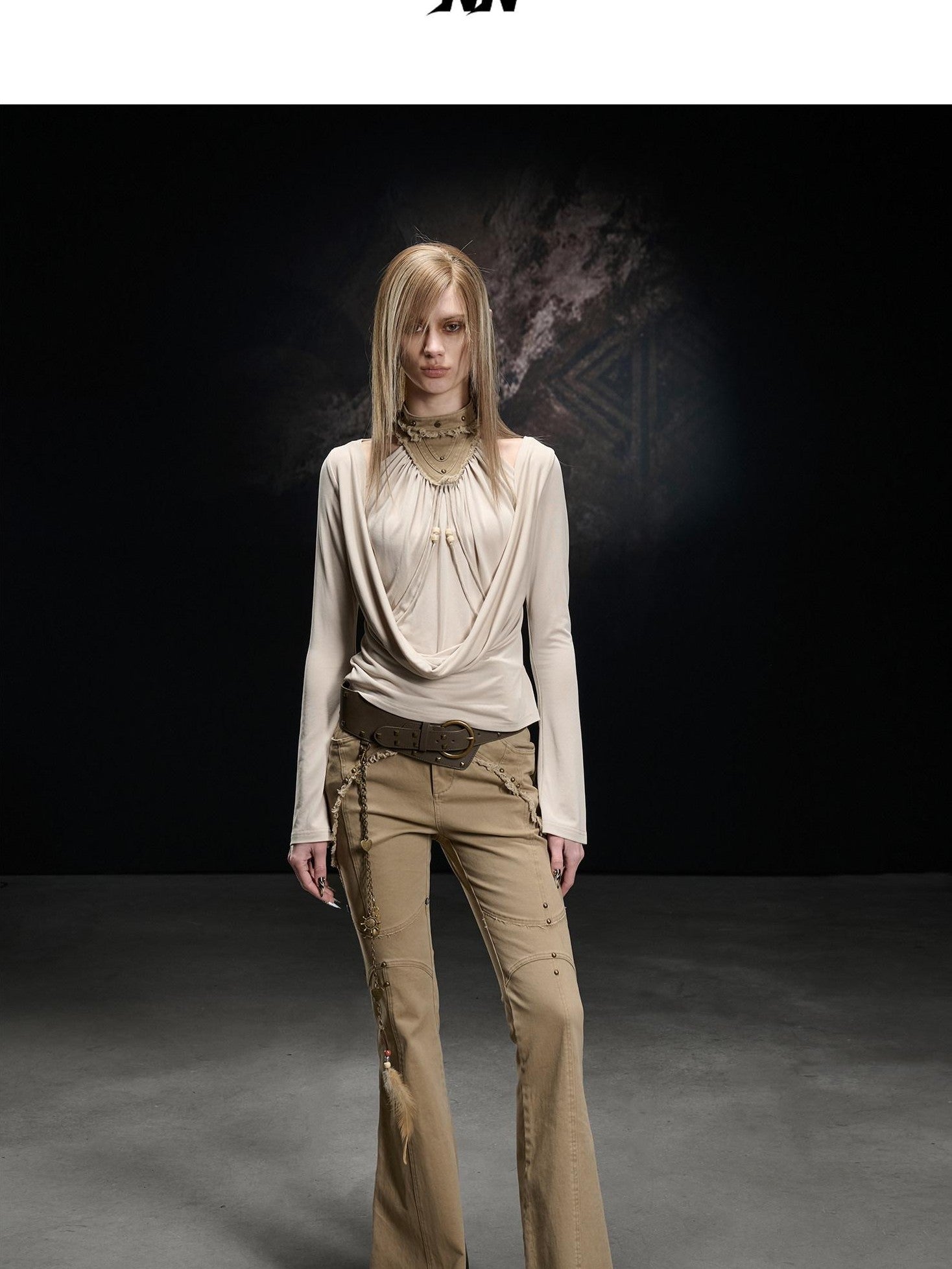 NORTH NODE Apricot Washed Spliced Ruched Scoop Neck Women&