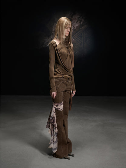 NORTH NODE Apricot Washed Spliced Ruched Scoop Neck Women&