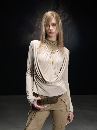 NORTH NODE Apricot Washed Spliced Ruched Scoop Neck Women&