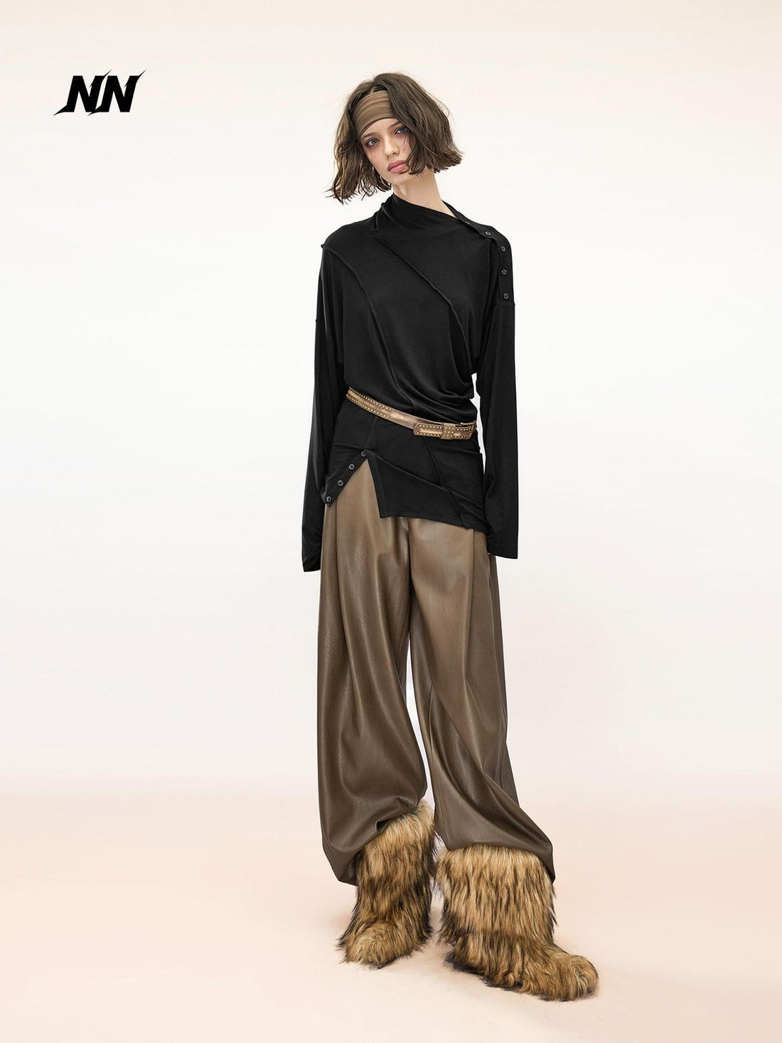 NORTH NODE Asymmetric Button Off Shoulder Ruffle Trim Women&