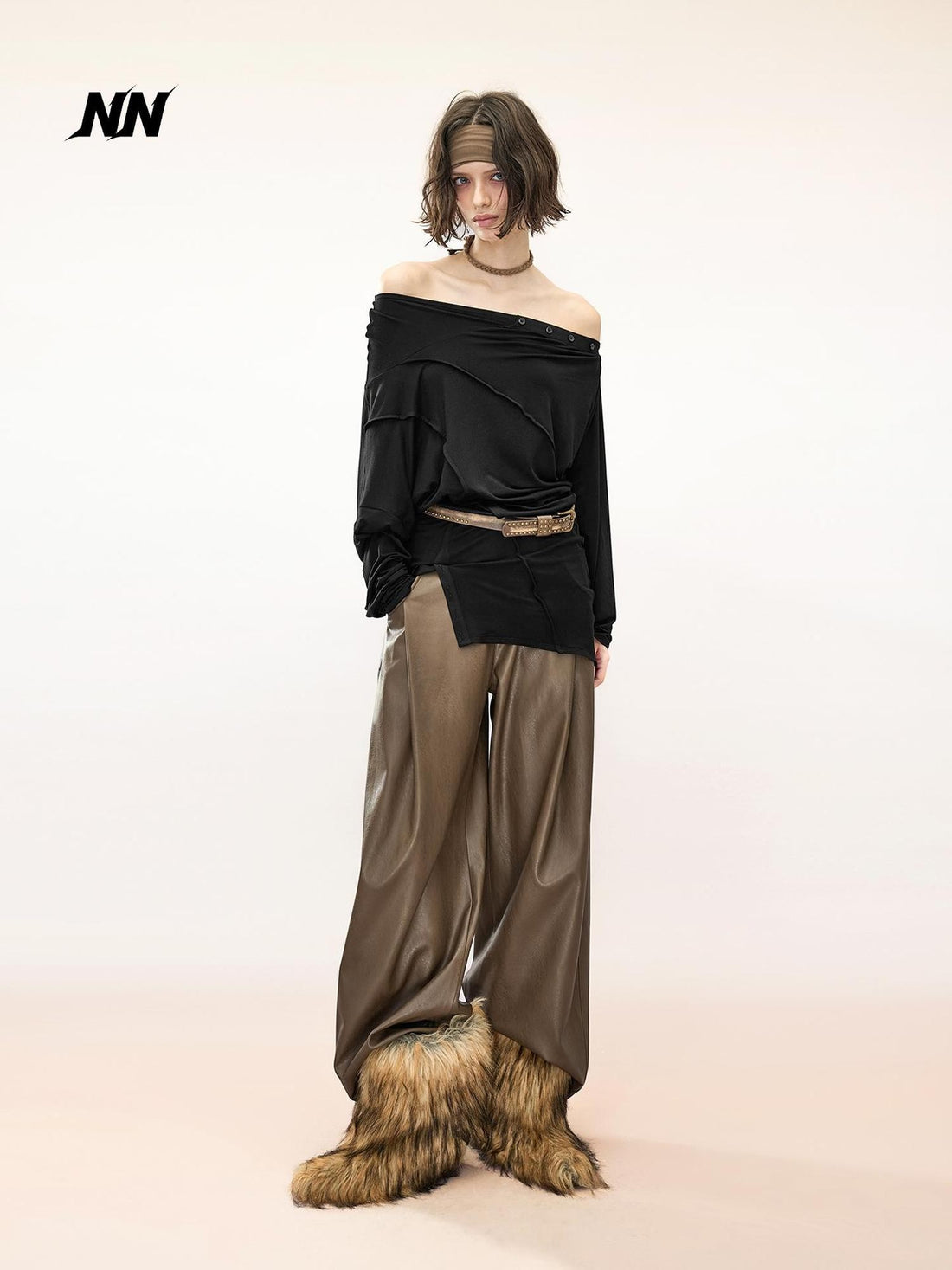 NORTH NODE Asymmetric Button Off Shoulder Ruffle Trim Women&