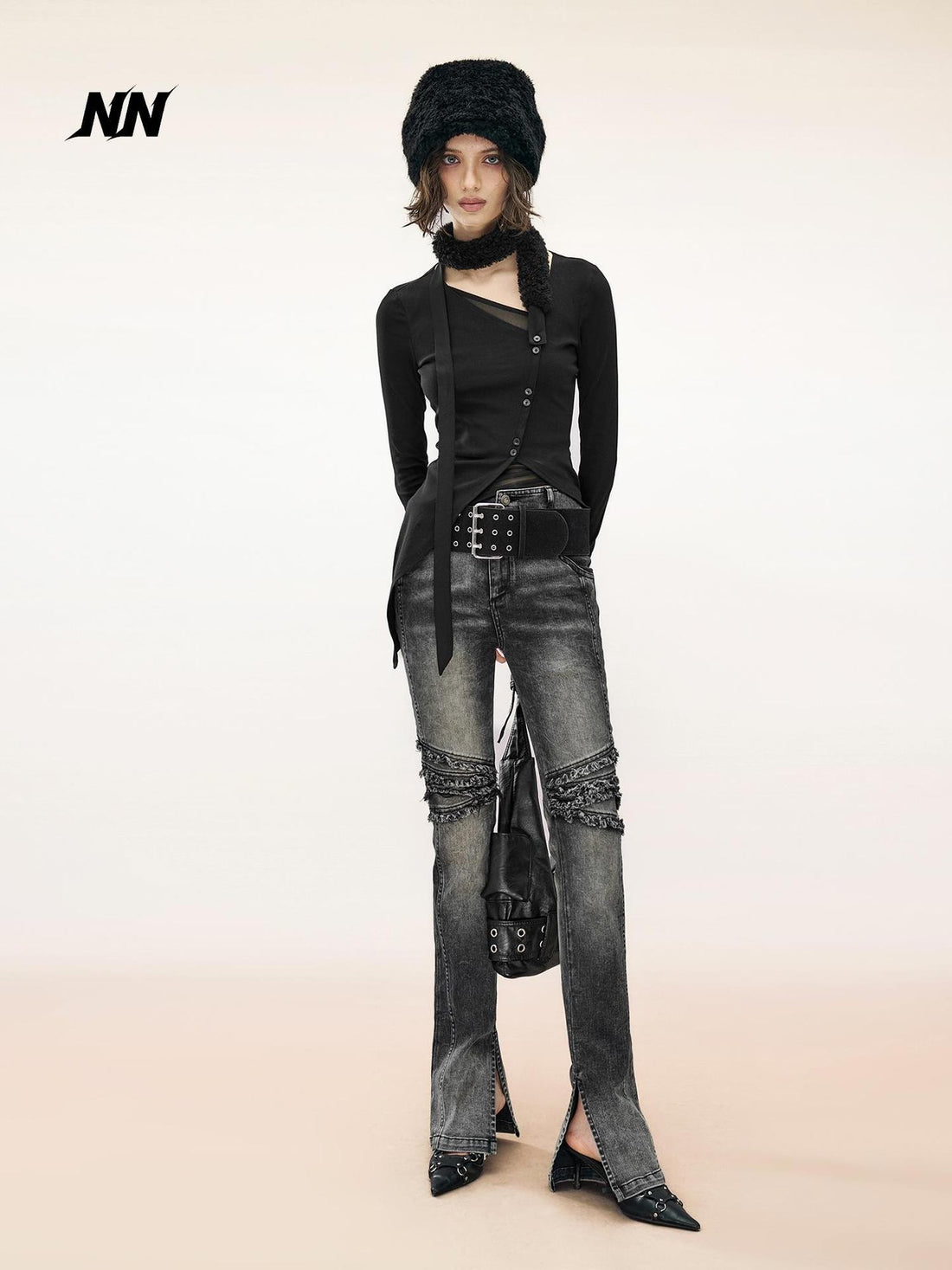 NORTH NODE Asymmetric Button Slant Neck High Stretch Cotton Women&