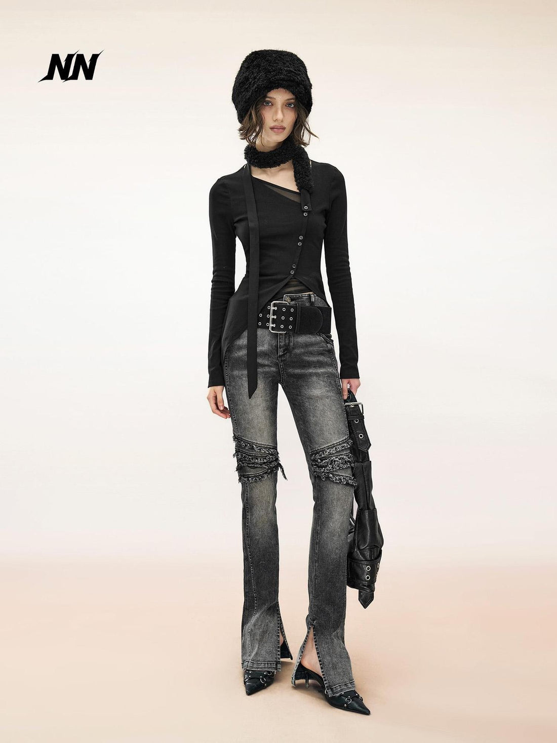 NORTH NODE Asymmetric Button Slant Neck High Stretch Cotton Women&