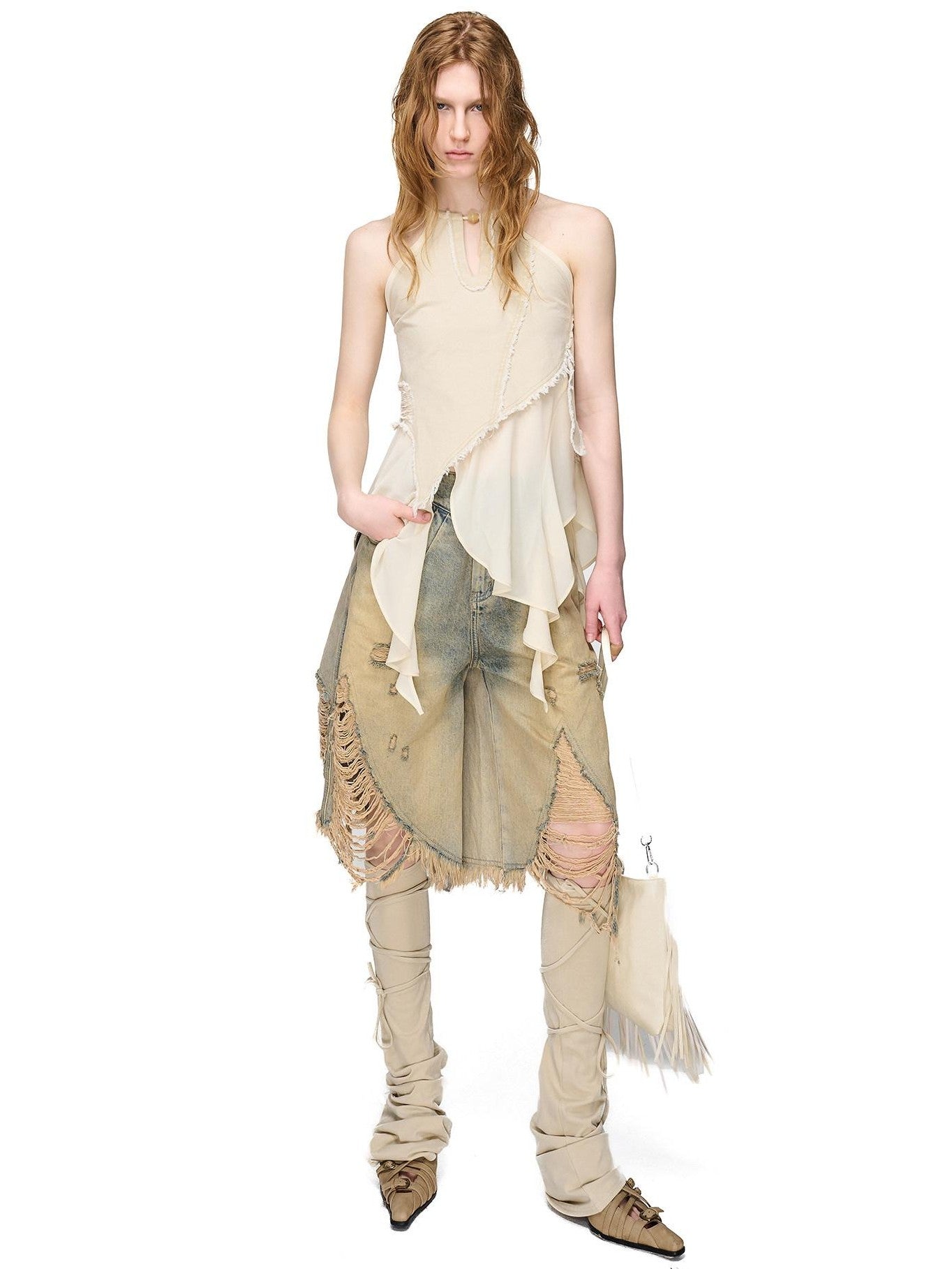 NORTH NODE Asymmetric Patchwork Distressed Beaded Women&