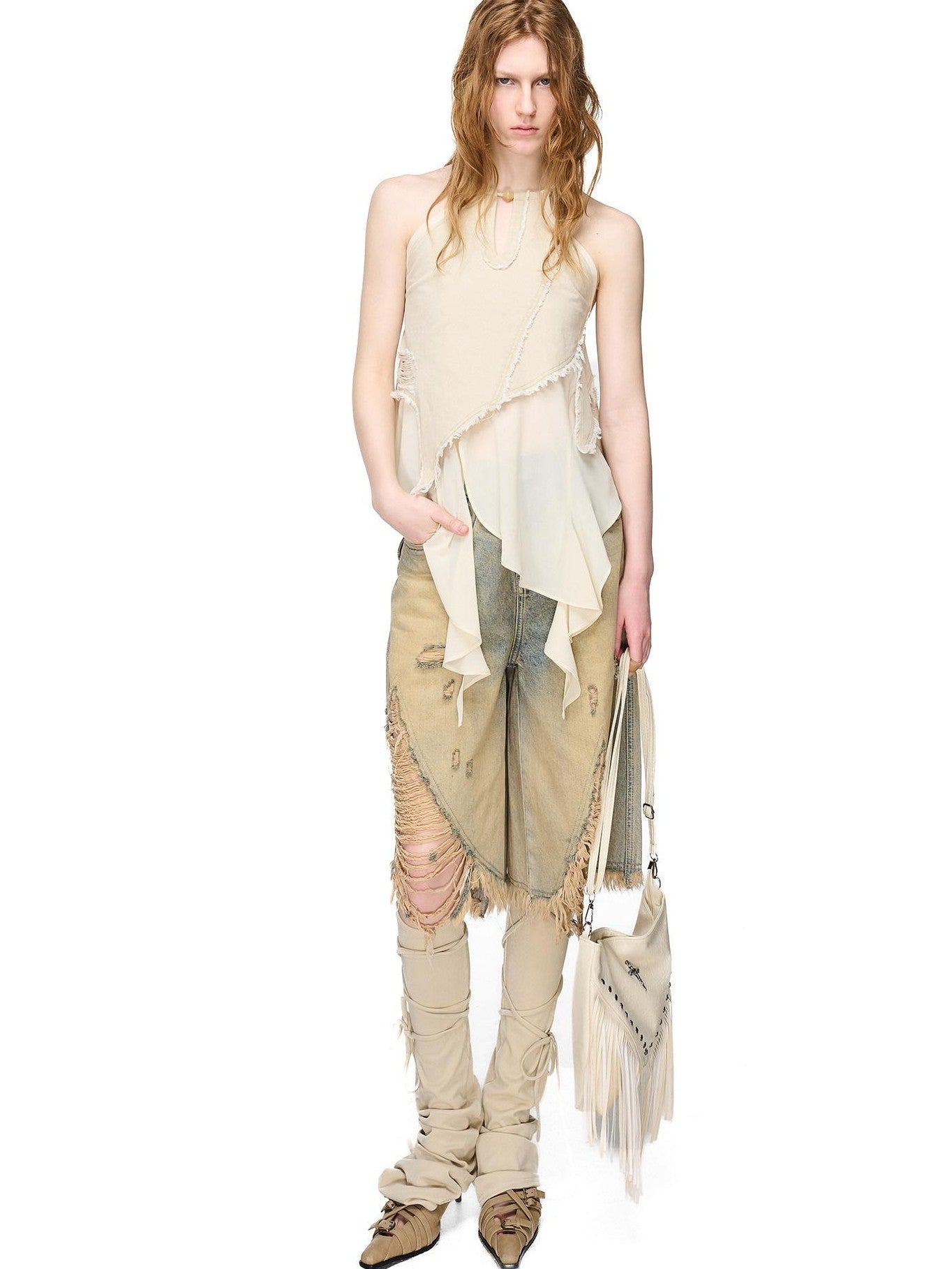 NORTH NODE Asymmetric Patchwork Distressed Beaded Women&