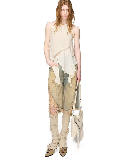 NORTH NODE Asymmetric Patchwork Distressed Beaded Women&