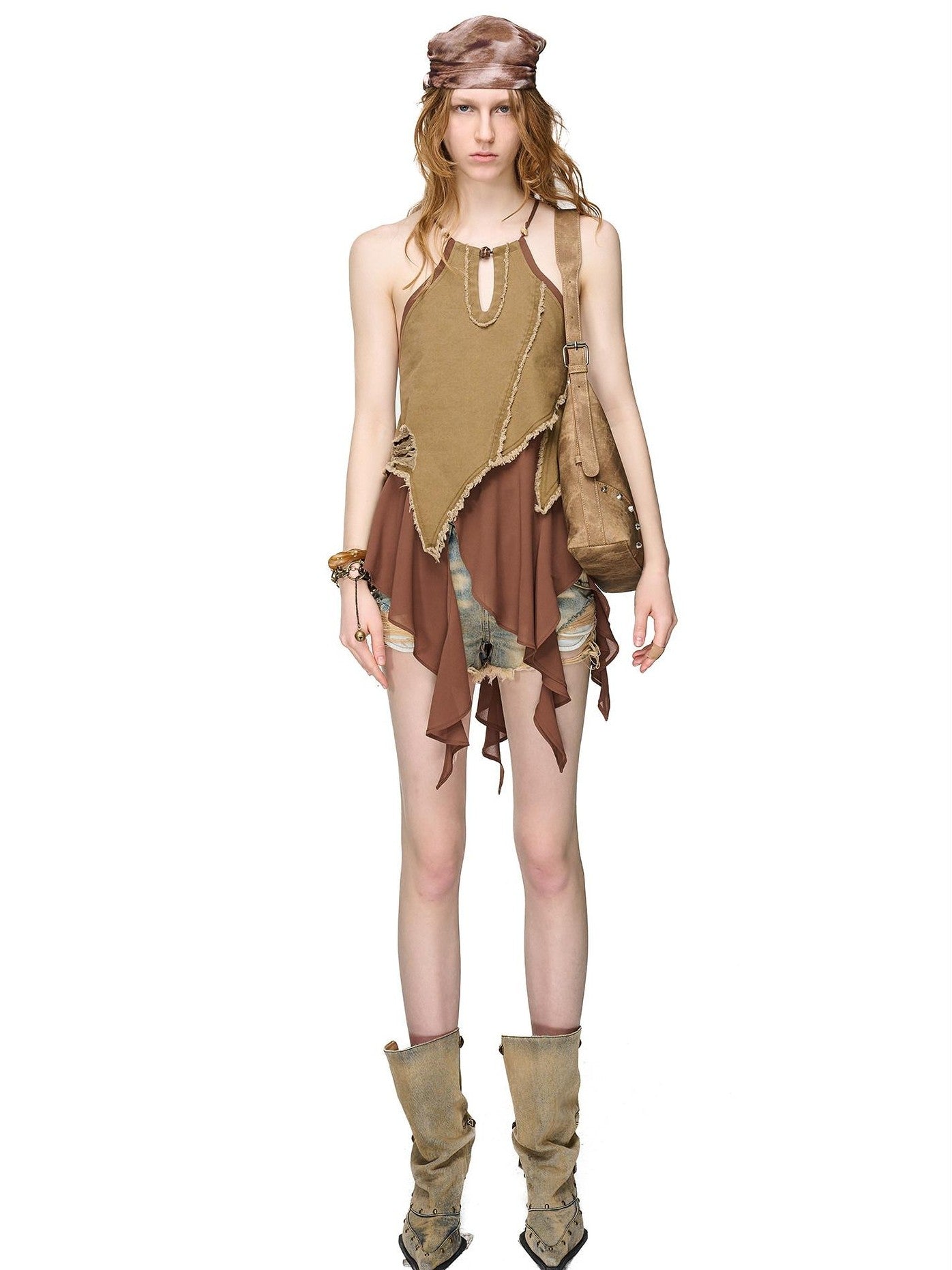 NORTH NODE Asymmetric Patchwork Distressed Beaded Women&