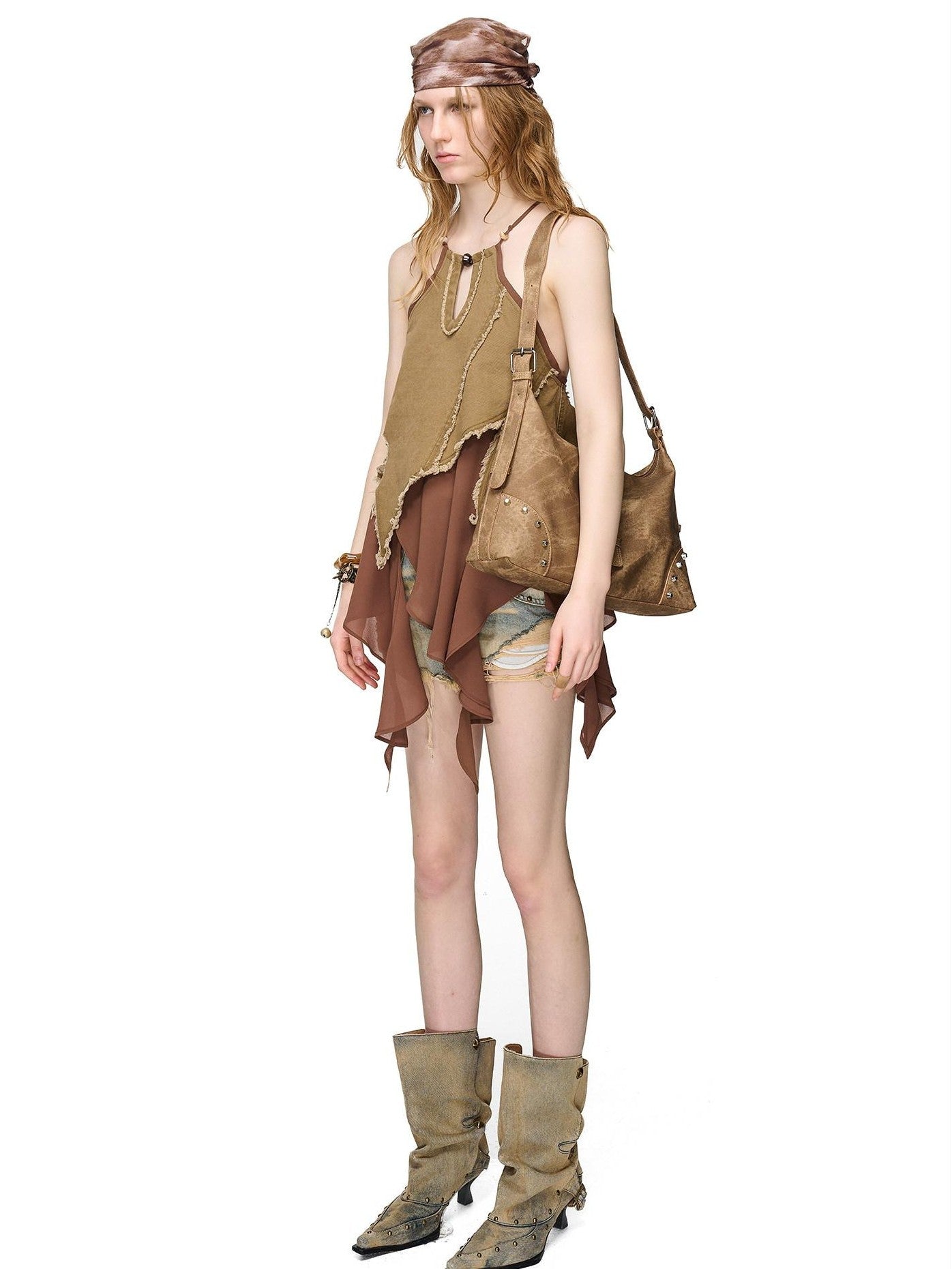 NORTH NODE Asymmetric Patchwork Distressed Beaded Women&