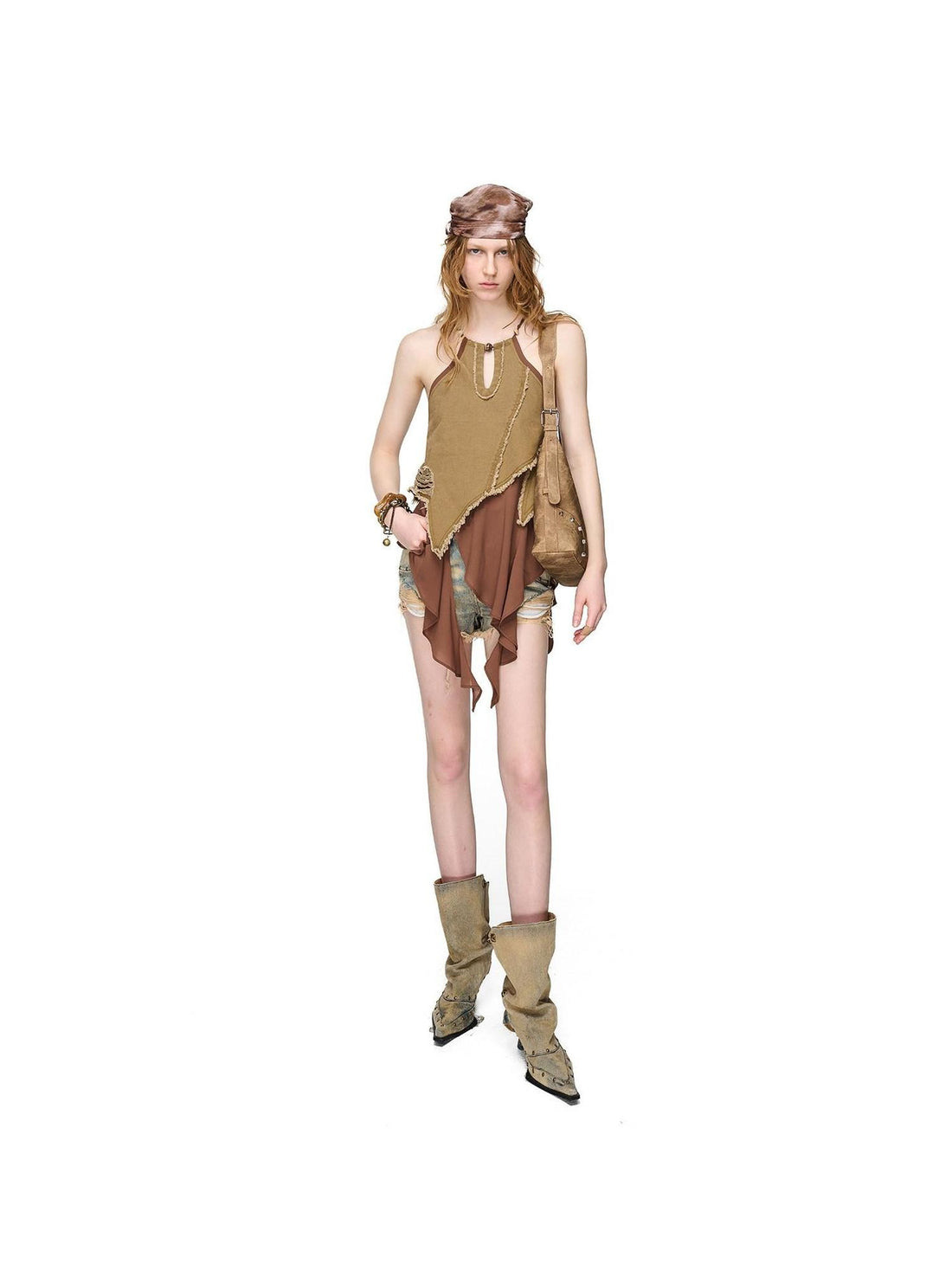 NORTH NODE Asymmetric Patchwork Distressed Beaded Women&