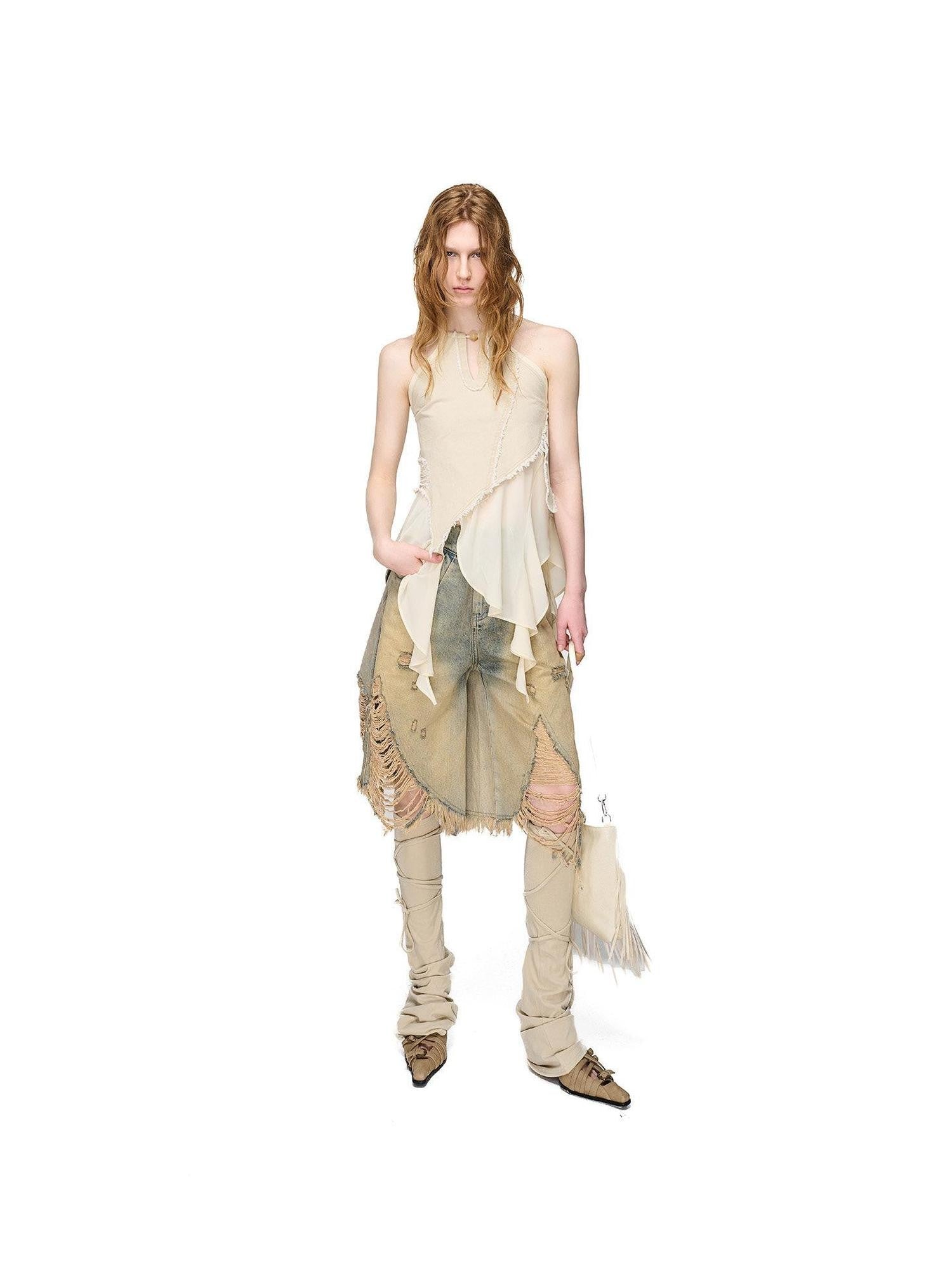 NORTH NODE Asymmetric Patchwork Distressed Beaded Women&