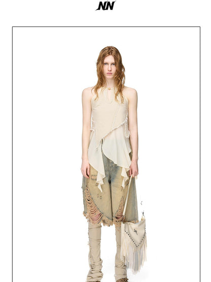 NORTH NODE Asymmetric Patchwork Distressed Beaded Women&