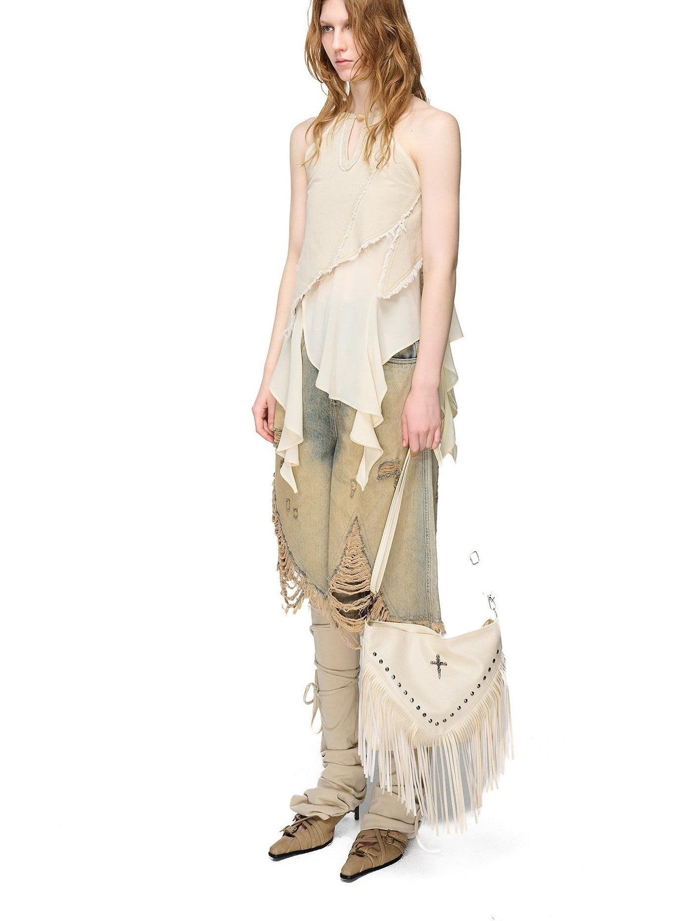 NORTH NODE Asymmetric Patchwork Distressed Beaded Women&
