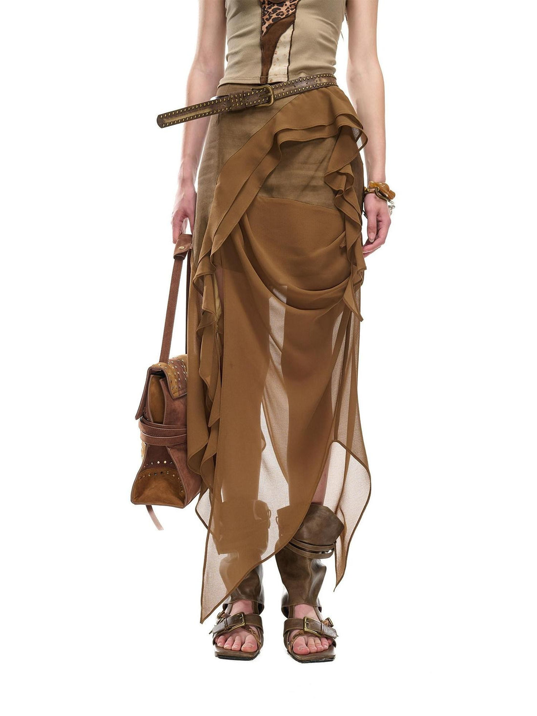 NORTH NODE Asymmetric Patchwork Irregular Pleated Ruffle Women&
