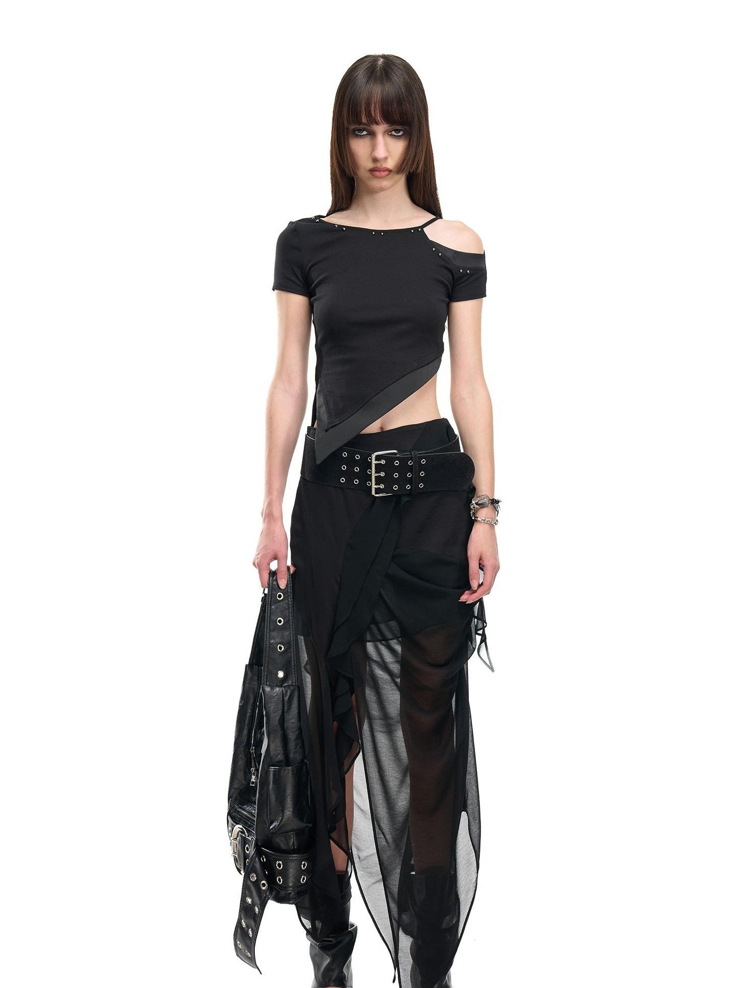 NORTH NODE Asymmetric Patchwork Irregular Pleated Ruffle Women&