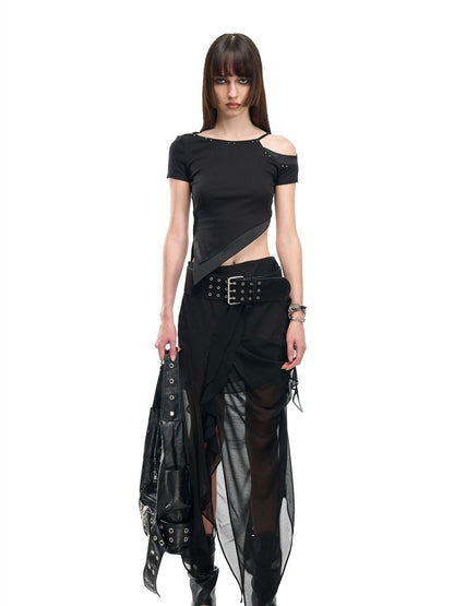 NORTH NODE Asymmetric Patchwork Irregular Pleated Ruffle Women&