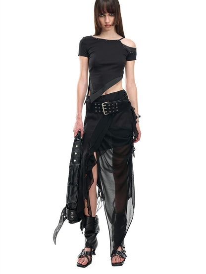 NORTH NODE Asymmetric Patchwork Irregular Pleated Ruffle Women&